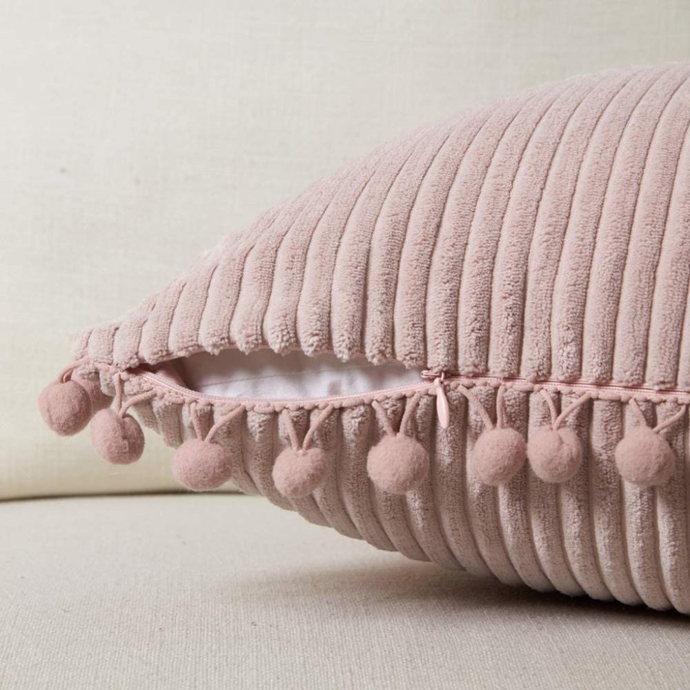 Blush Pink Corduroy Luxury Velvet Pompom Bed/Sofa Throw Pillow Cover/CaseSet - Picture 4 of 8